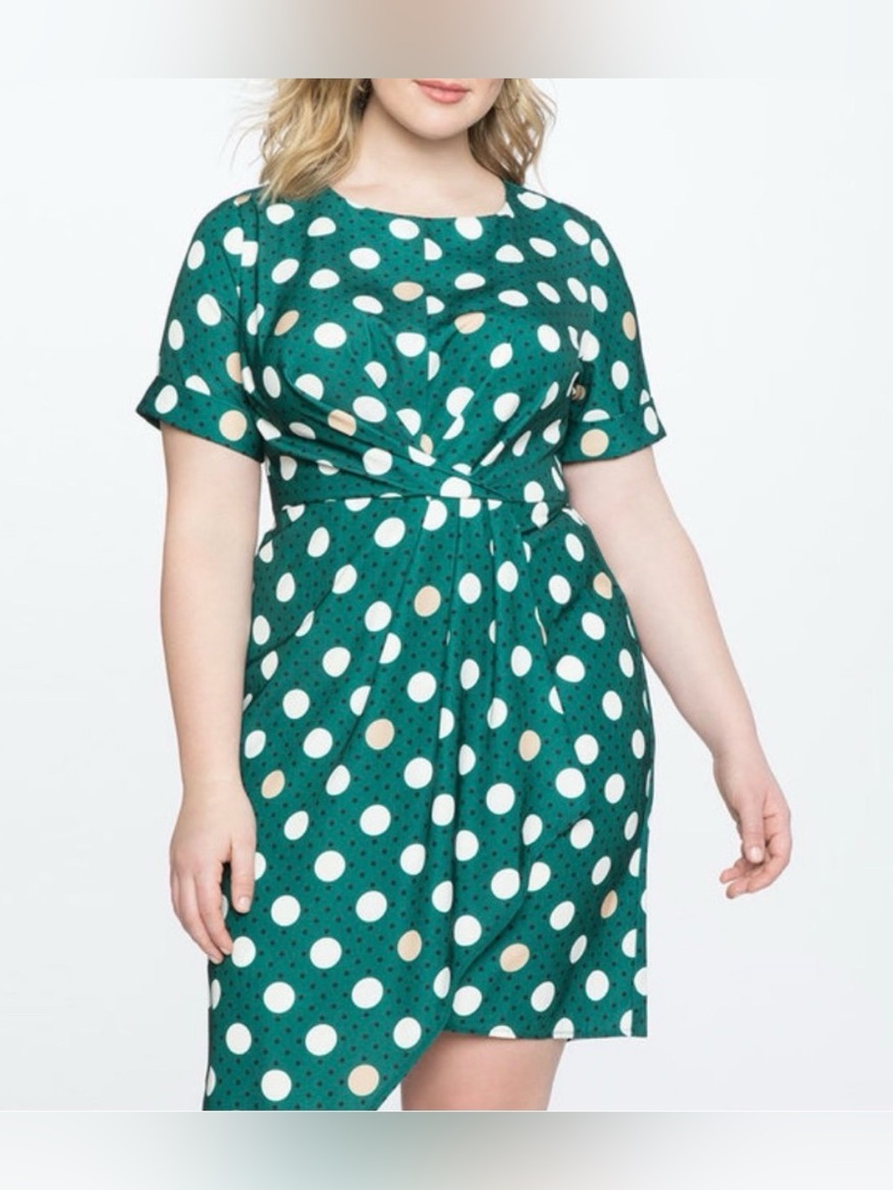 NWT Eloquii Green Polka Dot Ruched Short Sleeve Dress